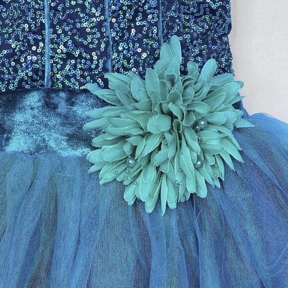 Curtain Call Teal Sequined Bodice Tule Skirt with Flower Dance Costume Size M - Picture 3 of 8